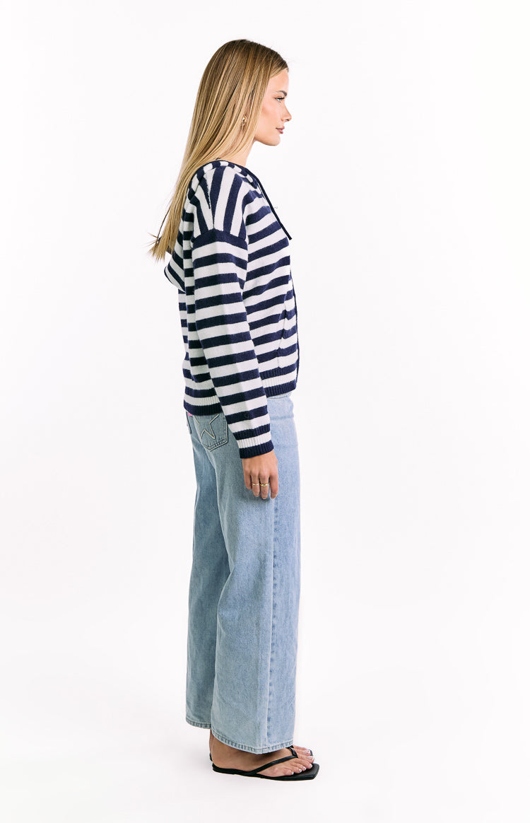 Mollie Navy Stripe Knit Zip Sweater