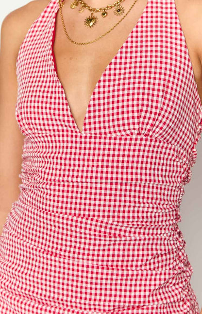 Alan Red Gingham Halter Mini Dress