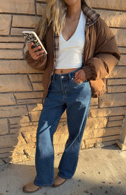 All I Wanted Brown Plaid Puffer Jacket