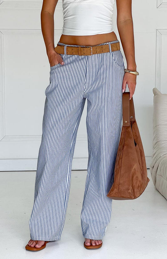 Amity Navy Stripe Mid Rise Straight Leg Jeans