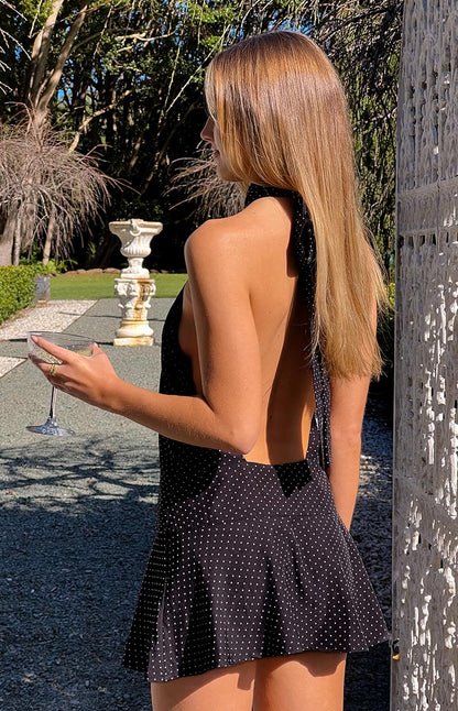 Bryan Black Polka Dot Halter Neck Mini Dress