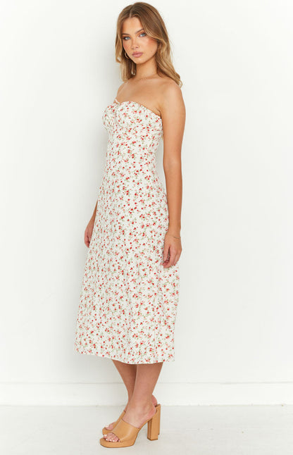 Dion White Floral Strapless Midi Dress