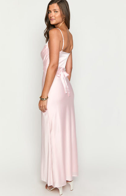 Elma Pink Satin Wrap Tie Maxi Dress