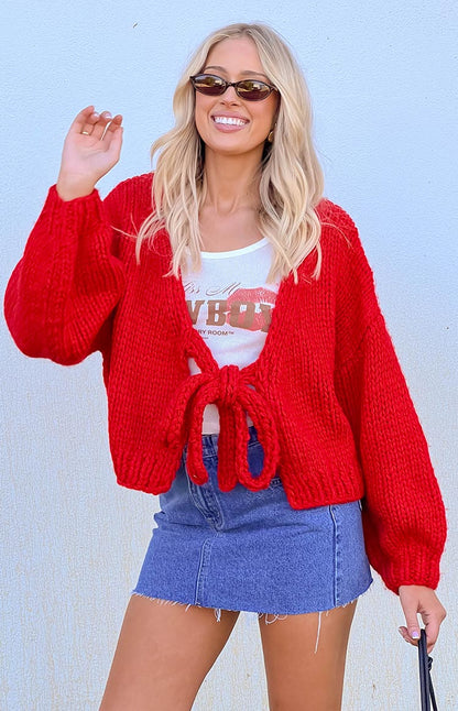 Holiday Red Tie Up Knit Cardigan