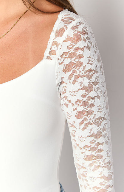 Irene White Lace Long Sleeve Bodysuit