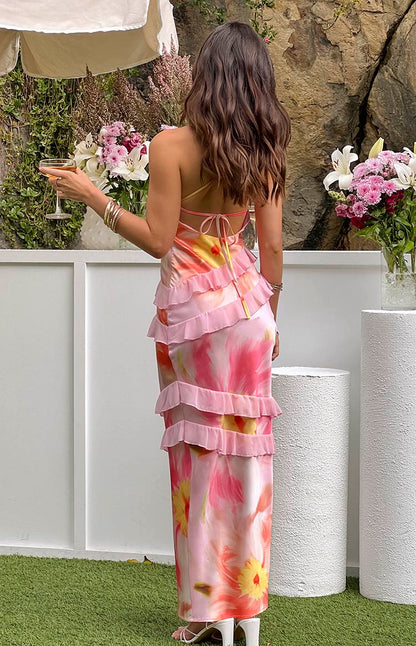 Inara Light Pink Floral Print Ruffle Maxi Dress