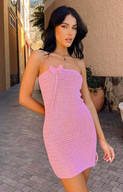 July Butterfly Pink Crochet Mini Dress