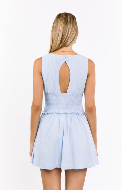 Juna Light Blue Stripe Shirred Mini Dress