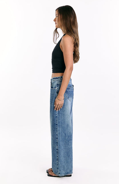 Lovers Lane Mid Wash Denim Heart Pocket Slouchy Jeans