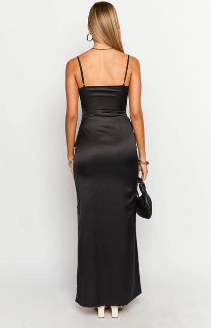Nahanee Black Satin Ruffle Maxi Dress