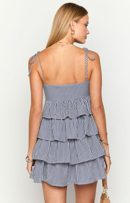 Paolo Navy Gingham Ruffle Mini Dress