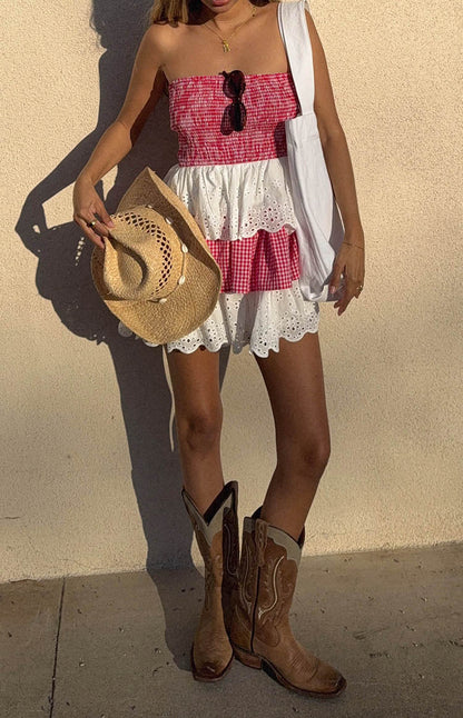 Rosealie Red And White Strapless Mini Dress