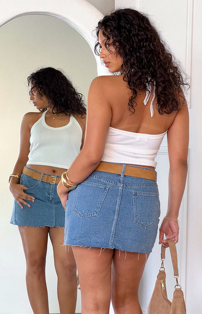 Siletto Mid Wash Denim Low Rise Mini Skirt