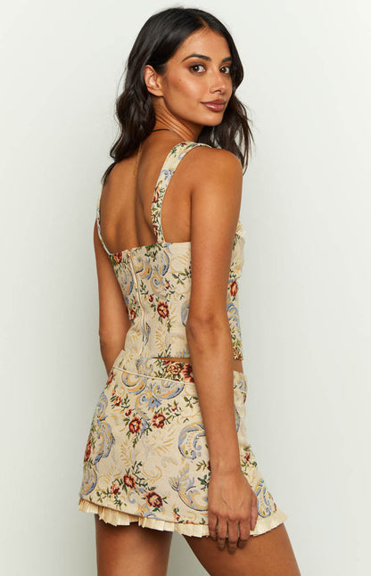 Till Forever Beige Tapestry Mini Skirt