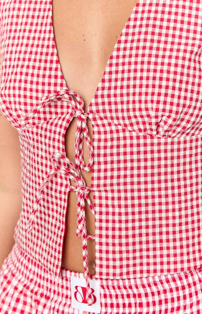 Wednesday Red Gingham Puff Sleeve Tie Top