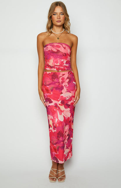When in Rome Pink Print Mesh Maxi Skirt