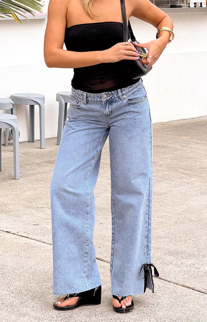Willabelle Light Wash Denim Bow Hem Low Rise Jeans